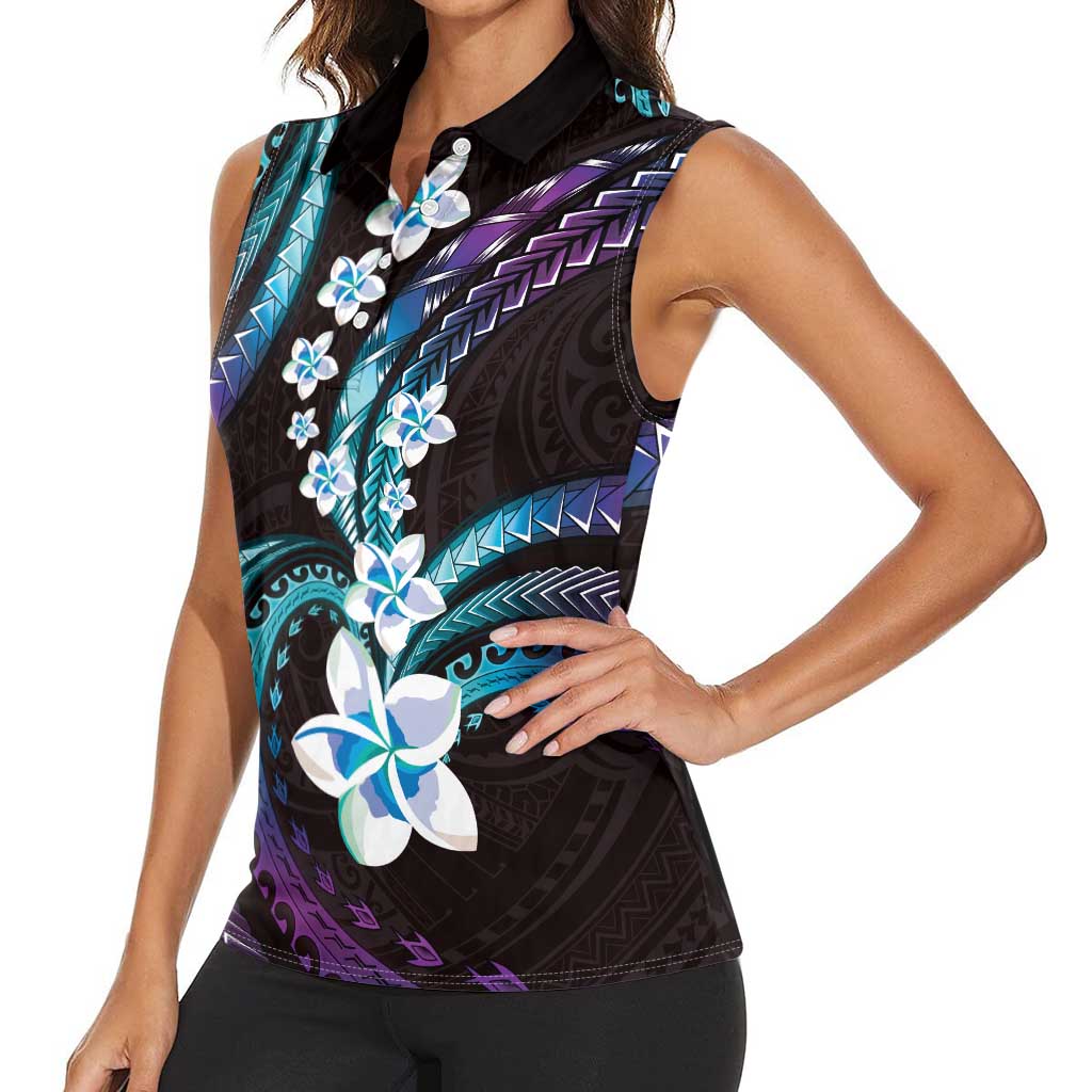 Hawaii Plumeria Women Sleeveless Polo Shirt Amethyst Gradient Polynesian Pattern