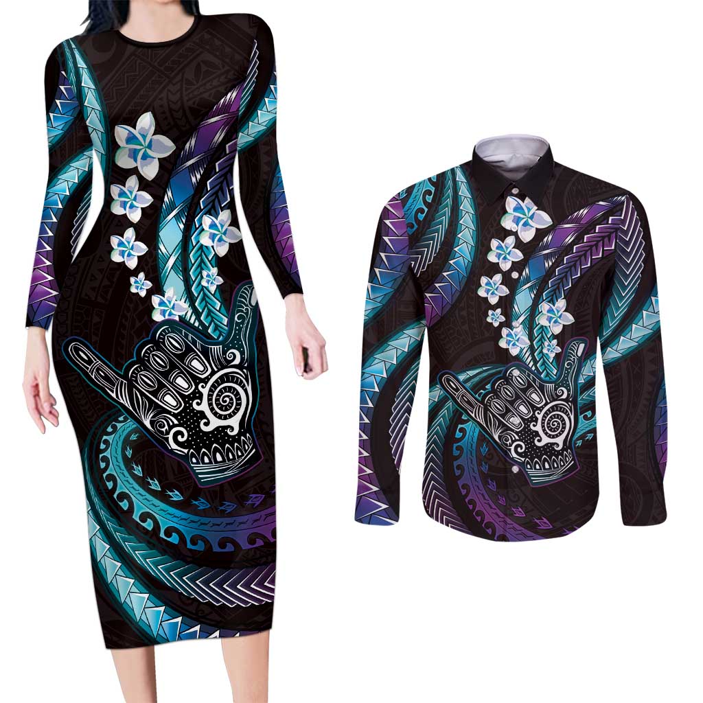 Hawaii Shaka Sign Couples Matching Long Sleeve Bodycon Dress and Long Sleeve Button Shirt Fantastic Frangipani Amethyst Gradient