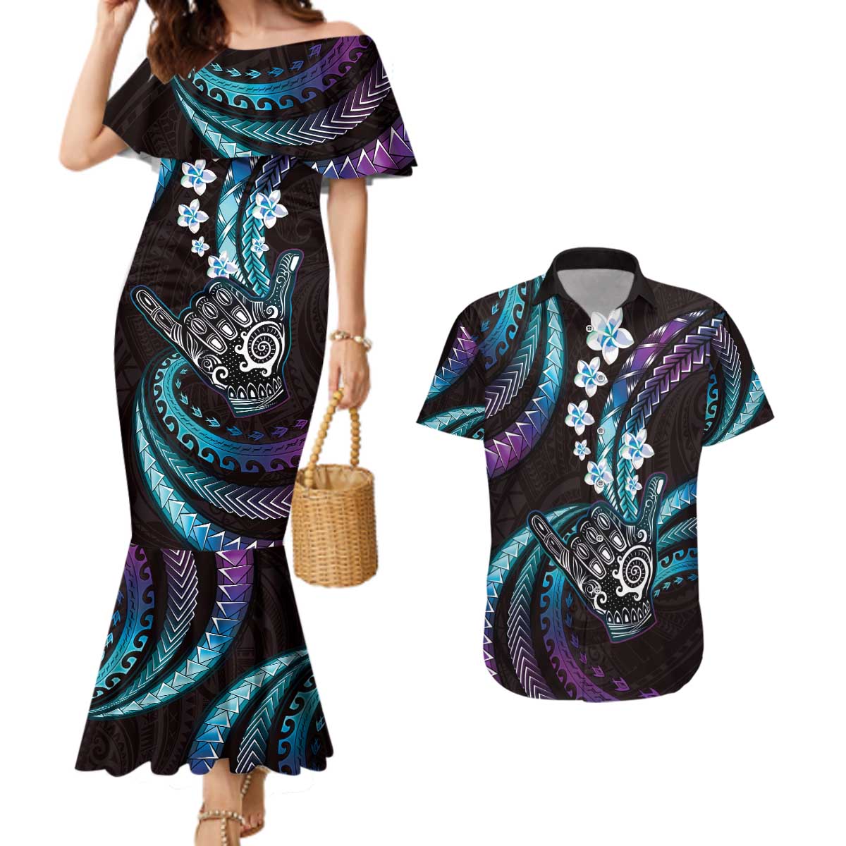 Hawaii Shaka Sign Couples Matching Mermaid Dress and Hawaiian Shirt Fantastic Frangipani Amethyst Gradient