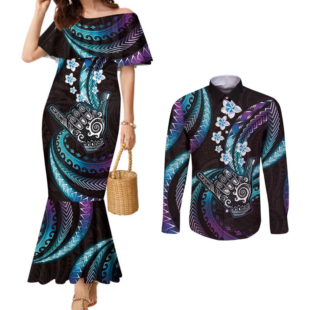 Hawaii Shaka Sign Couples Matching Mermaid Dress and Long Sleeve Button Shirt Fantastic Frangipani Amethyst Gradient