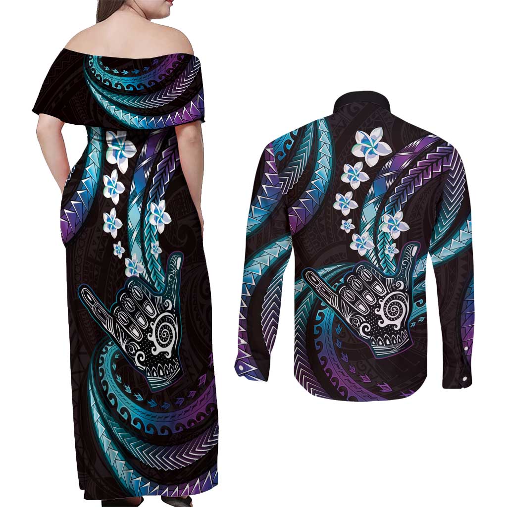 Hawaii Shaka Sign Couples Matching Off Shoulder Maxi Dress and Long Sleeve Button Shirt Fantastic Frangipani Amethyst Gradient