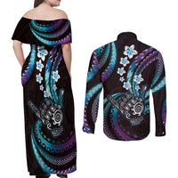 Hawaii Shaka Sign Couples Matching Off Shoulder Maxi Dress and Long Sleeve Button Shirt Fantastic Frangipani Amethyst Gradient