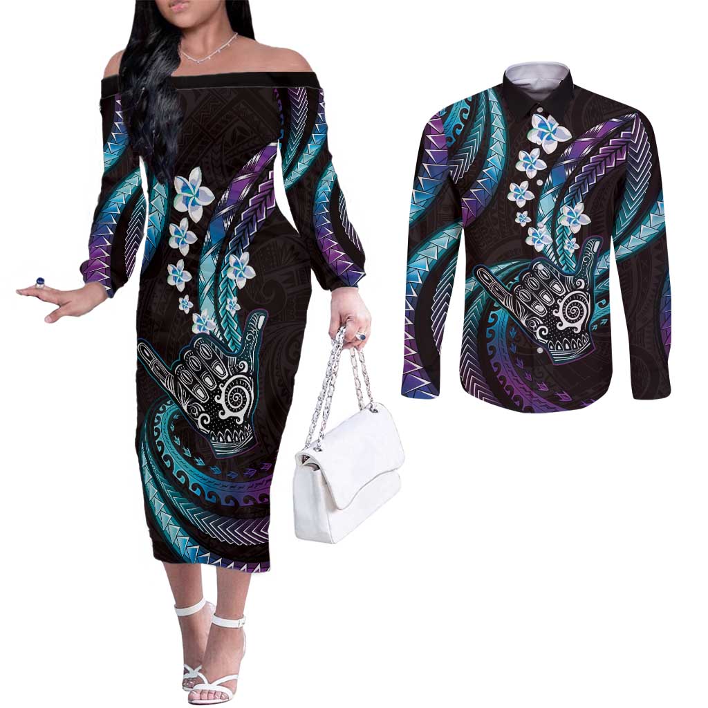 Hawaii Shaka Sign Couples Matching Off The Shoulder Long Sleeve Dress and Long Sleeve Button Shirt Fantastic Frangipani Amethyst Gradient
