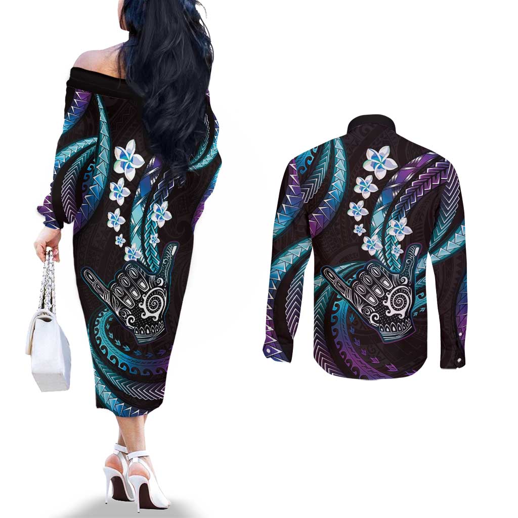 Hawaii Shaka Sign Couples Matching Off The Shoulder Long Sleeve Dress and Long Sleeve Button Shirt Fantastic Frangipani Amethyst Gradient