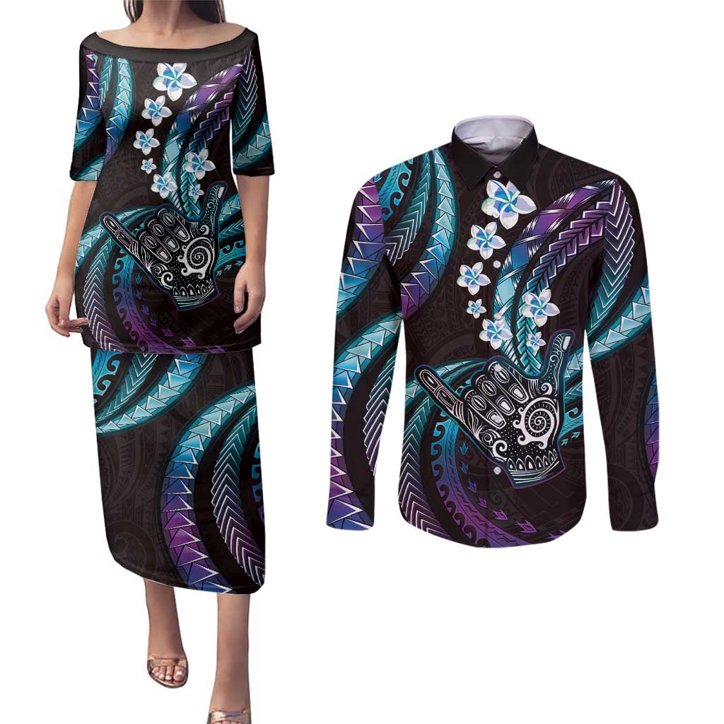 Hawaii Shaka Sign Couples Matching Puletasi and Long Sleeve Button Shirt Fantastic Frangipani Amethyst Gradient