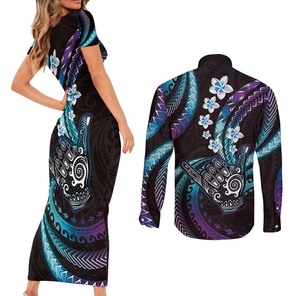 Hawaii Shaka Sign Couples Matching Short Sleeve Bodycon Dress and Long Sleeve Button Shirt Fantastic Frangipani Amethyst Gradient