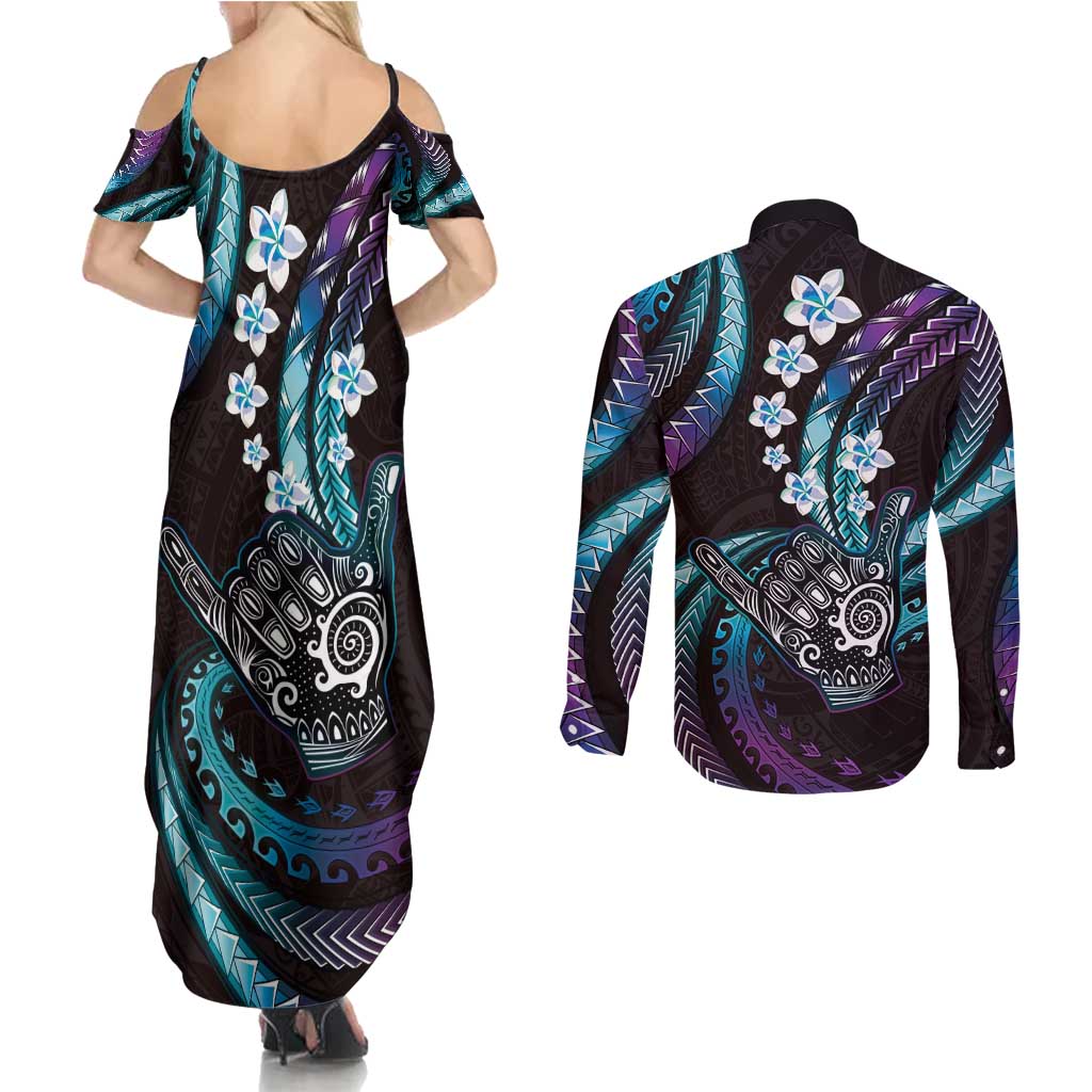 Hawaii Shaka Sign Couples Matching Summer Maxi Dress and Long Sleeve Button Shirt Fantastic Frangipani Amethyst Gradient