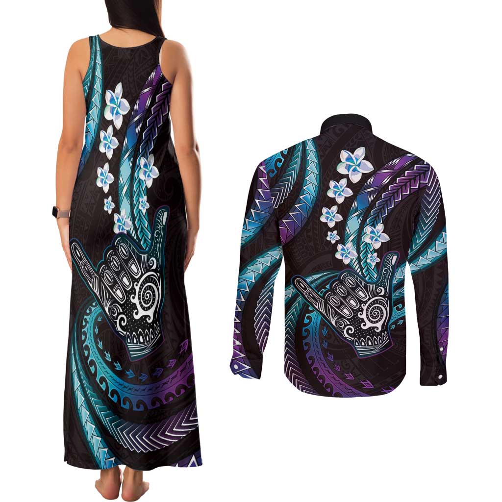 Hawaii Shaka Sign Couples Matching Tank Maxi Dress and Long Sleeve Button Shirt Fantastic Frangipani Amethyst Gradient