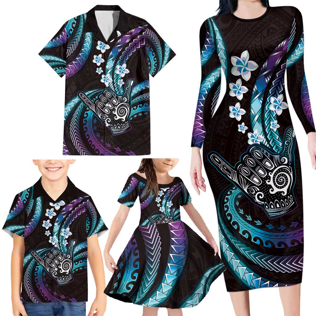 Hawaii Shaka Sign Family Matching Long Sleeve Bodycon Dress and Hawaiian Shirt Fantastic Frangipani Amethyst Gradient LT01 - Polynesian Pride