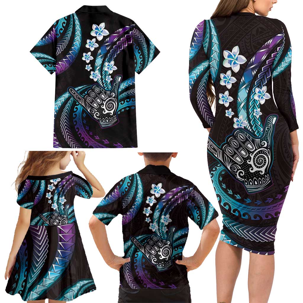 Hawaii Shaka Sign Family Matching Long Sleeve Bodycon Dress and Hawaiian Shirt Fantastic Frangipani Amethyst Gradient LT01 - Polynesian Pride