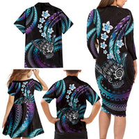 Hawaii Shaka Sign Family Matching Long Sleeve Bodycon Dress and Hawaiian Shirt Fantastic Frangipani Amethyst Gradient LT01 - Polynesian Pride