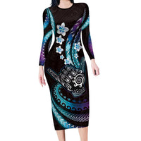 Hawaii Shaka Sign Family Matching Long Sleeve Bodycon Dress and Hawaiian Shirt Fantastic Frangipani Amethyst Gradient LT01 Mom's Dress Purple - Polynesian Pride