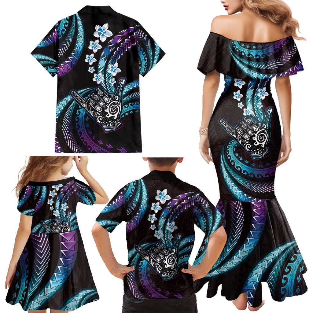 Hawaii Shaka Sign Family Matching Mermaid Dress and Hawaiian Shirt Fantastic Frangipani Amethyst Gradient LT01 - Polynesian Pride