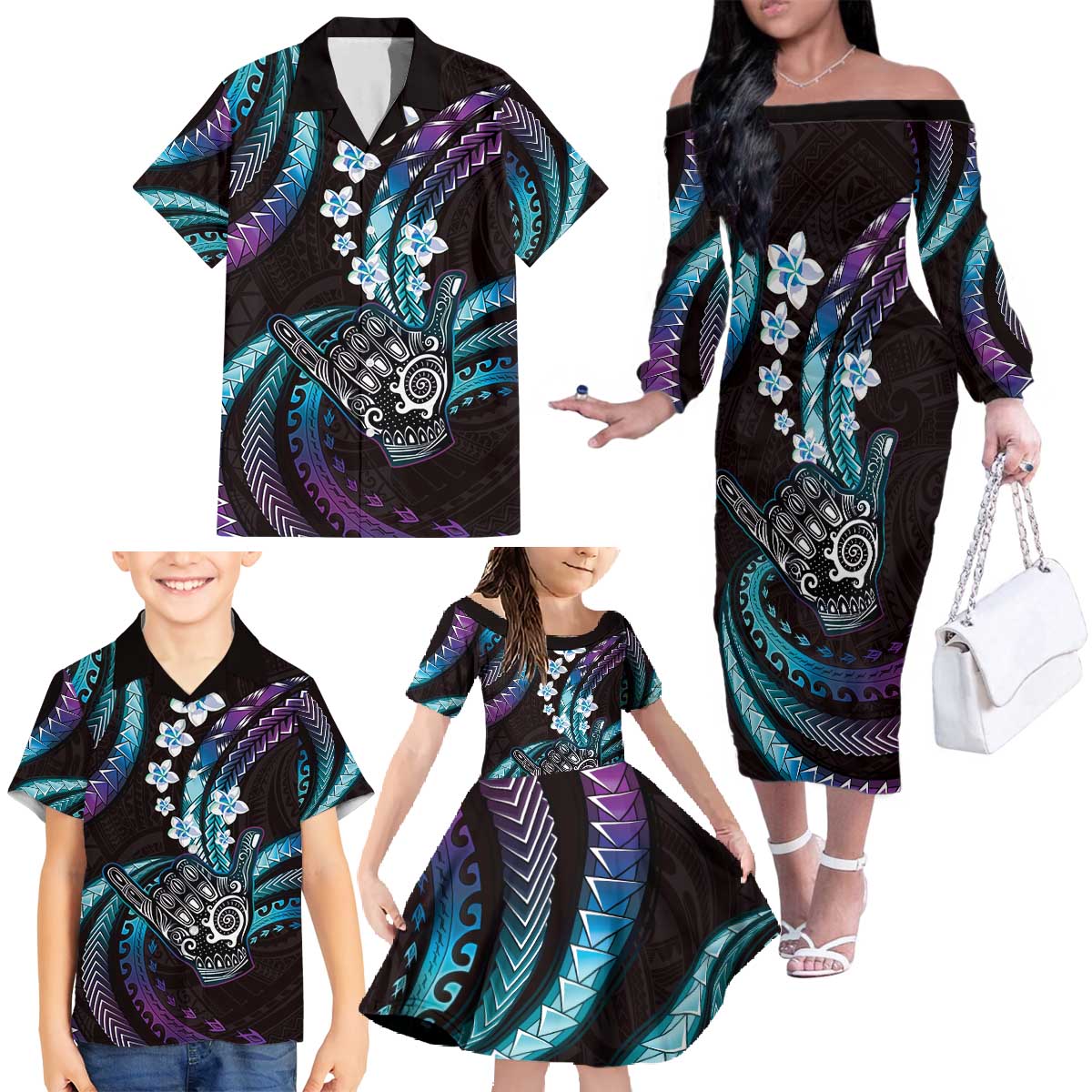 Hawaii Shaka Sign Family Matching Off The Shoulder Long Sleeve Dress and Hawaiian Shirt Fantastic Frangipani Amethyst Gradient LT01 - Polynesian Pride