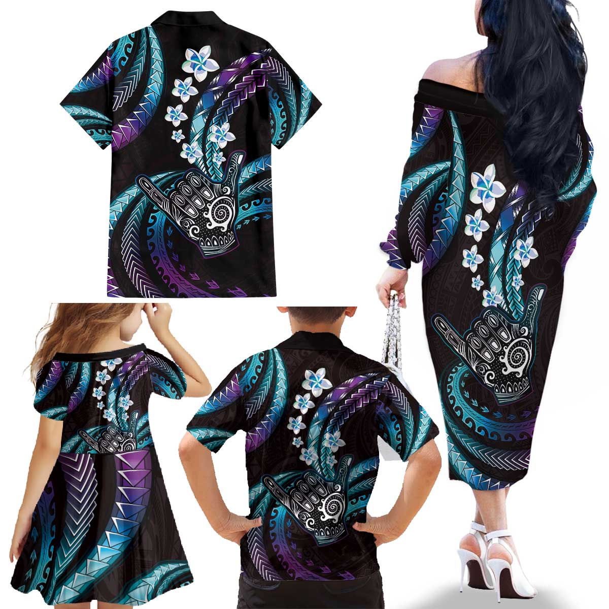 Hawaii Shaka Sign Family Matching Off The Shoulder Long Sleeve Dress and Hawaiian Shirt Fantastic Frangipani Amethyst Gradient LT01 - Polynesian Pride