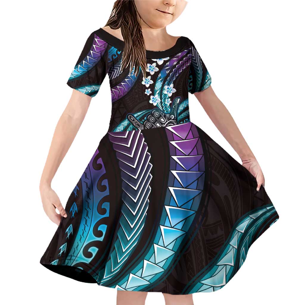 Hawaii Shaka Sign Family Matching Off Shoulder Short Dress and Hawaiian Shirt Fantastic Frangipani Amethyst Gradient LT01 Daughter's Dress Purple - Polynesian Pride