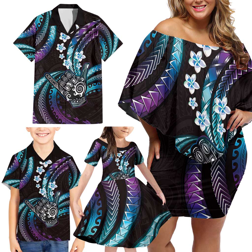 Hawaii Shaka Sign Family Matching Off Shoulder Short Dress and Hawaiian Shirt Fantastic Frangipani Amethyst Gradient LT01 - Polynesian Pride