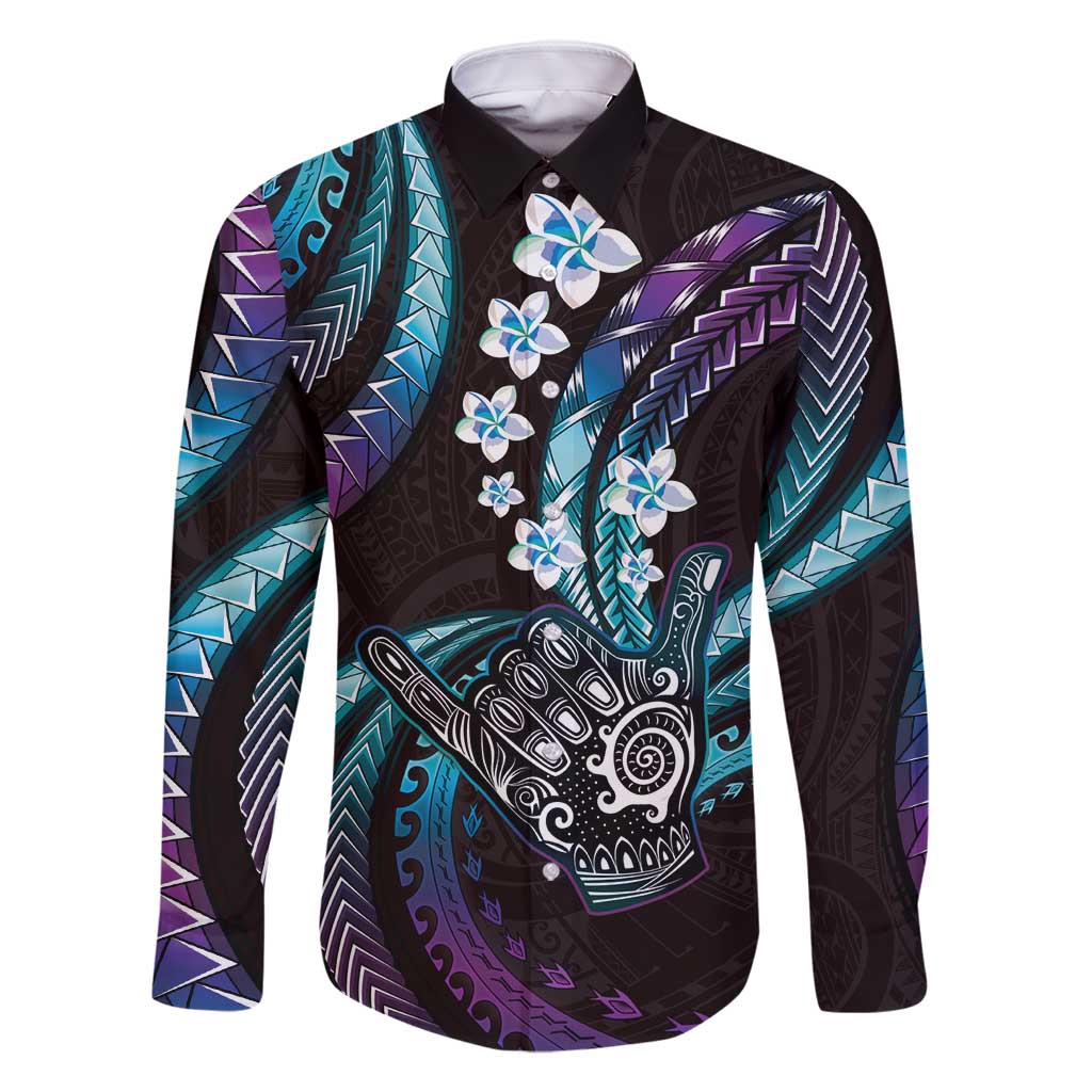 Hawaii Shaka Sign Family Matching Off Shoulder Short Dress and Hawaiian Shirt Fantastic Frangipani Amethyst Gradient LT01 Dad's Shirt - Long Sleeve Purple - Polynesian Pride