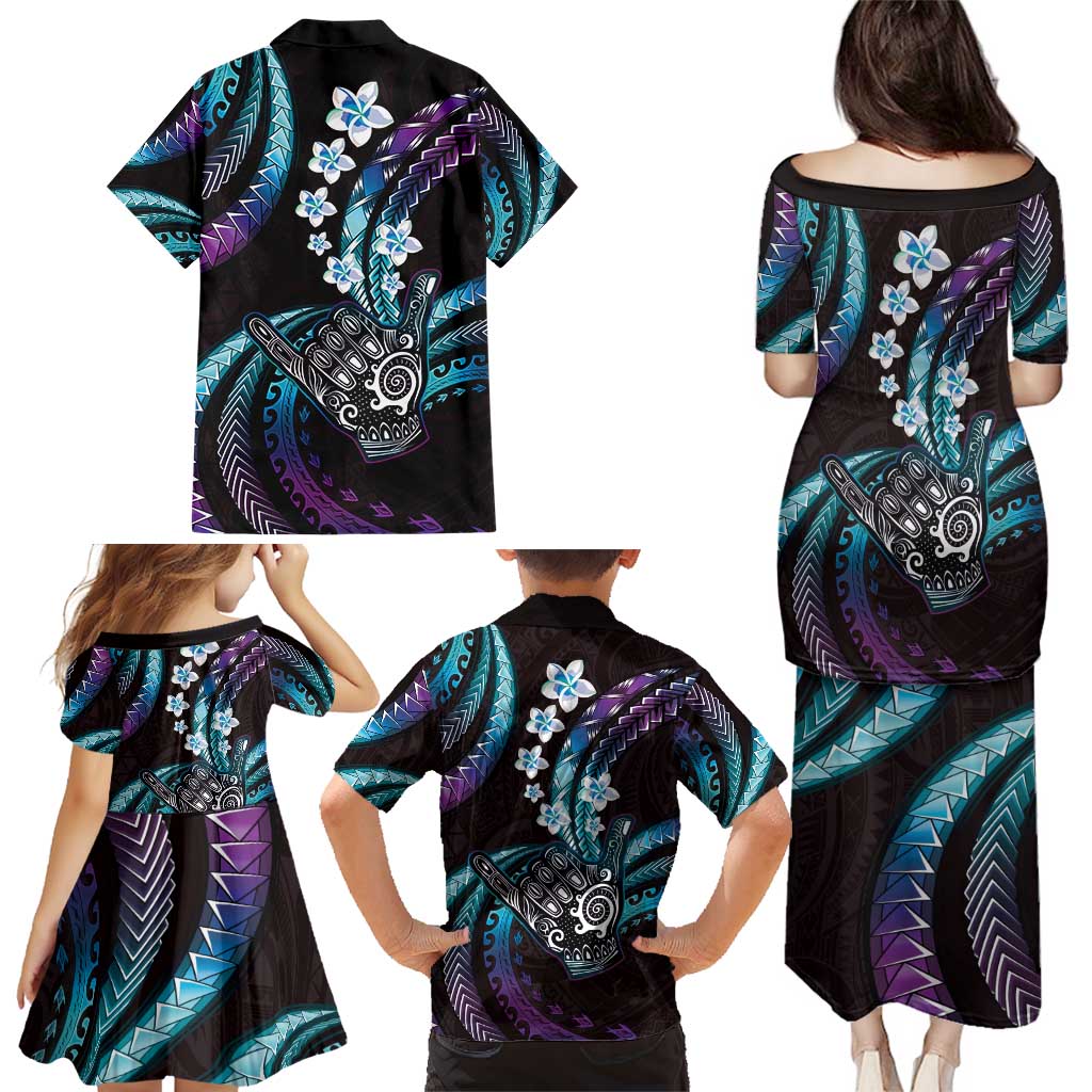 Hawaii Shaka Sign Family Matching Puletasi and Hawaiian Shirt Fantastic Frangipani Amethyst Gradient