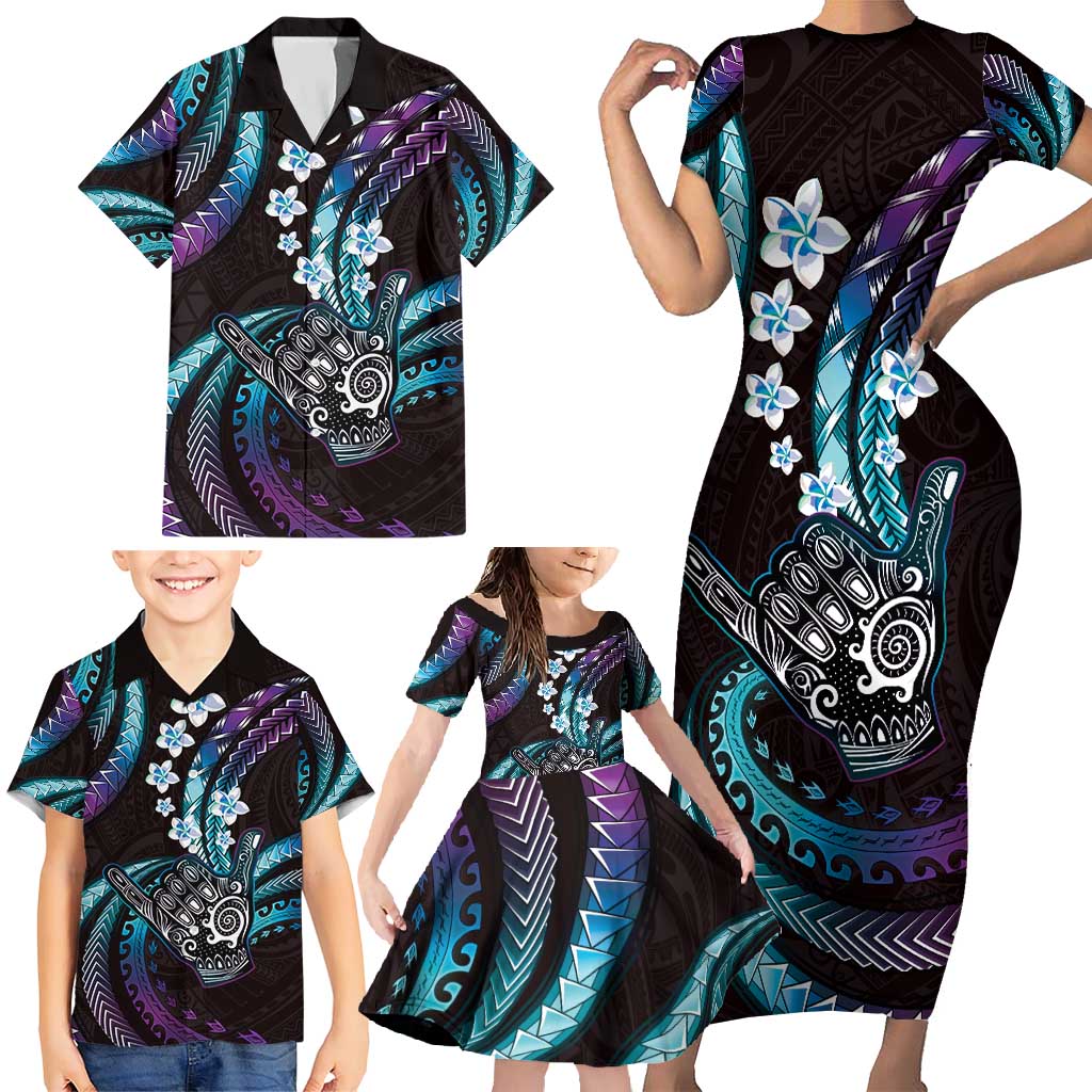 Hawaii Shaka Sign Family Matching Short Sleeve Bodycon Dress and Hawaiian Shirt Fantastic Frangipani Amethyst Gradient LT01 - Polynesian Pride