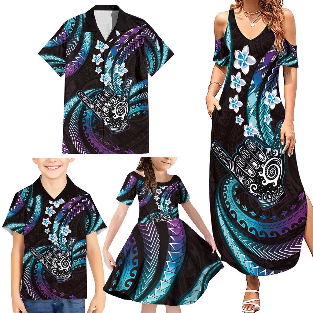 Hawaii Shaka Sign Family Matching Summer Maxi Dress and Hawaiian Shirt Fantastic Frangipani Amethyst Gradient LT01 - Polynesian Pride