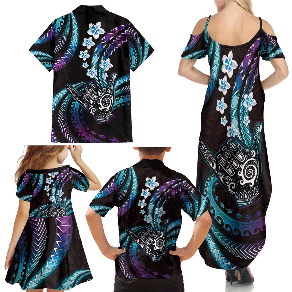 Hawaii Shaka Sign Family Matching Summer Maxi Dress and Hawaiian Shirt Fantastic Frangipani Amethyst Gradient LT01 - Polynesian Pride