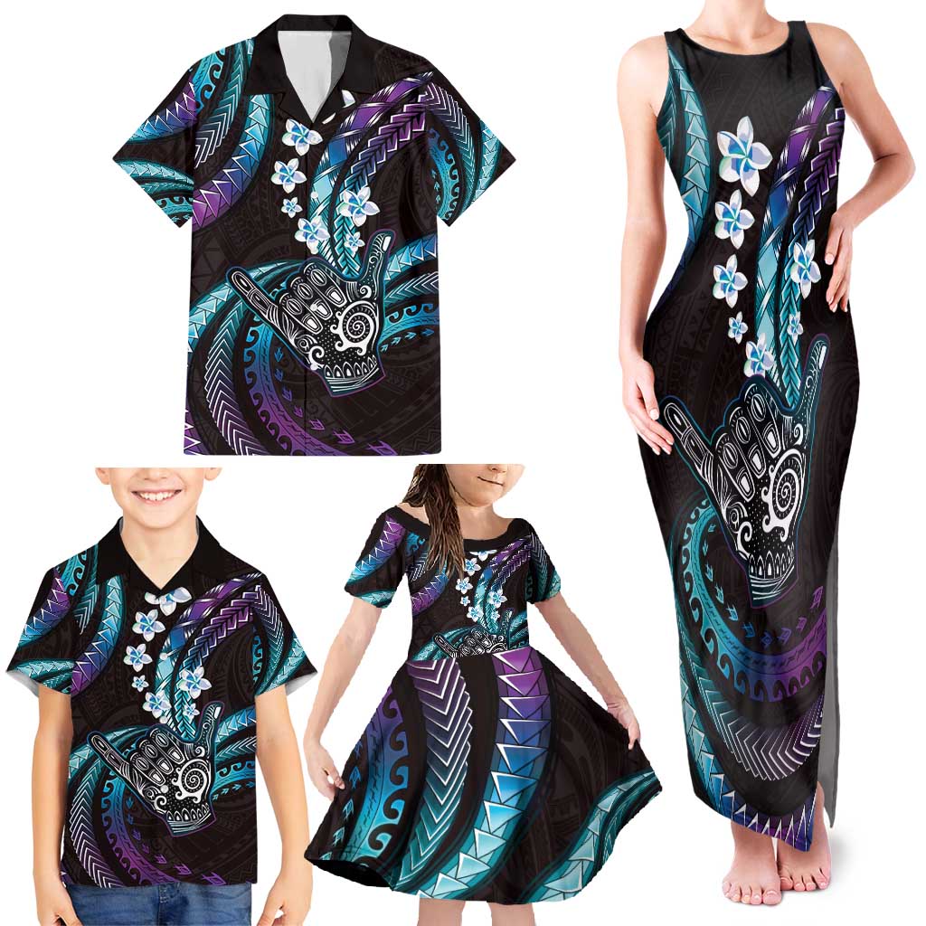Hawaii Shaka Sign Family Matching Tank Maxi Dress and Hawaiian Shirt Fantastic Frangipani Amethyst Gradient LT01 - Polynesian Pride