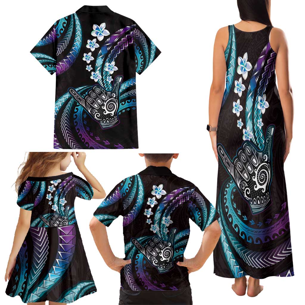 Hawaii Shaka Sign Family Matching Tank Maxi Dress and Hawaiian Shirt Fantastic Frangipani Amethyst Gradient LT01 - Polynesian Pride