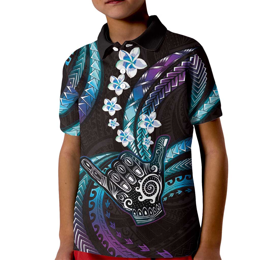 Hawaii Shaka Sign Kid Polo Shirt Fantastic Frangipani Amethyst Gradient