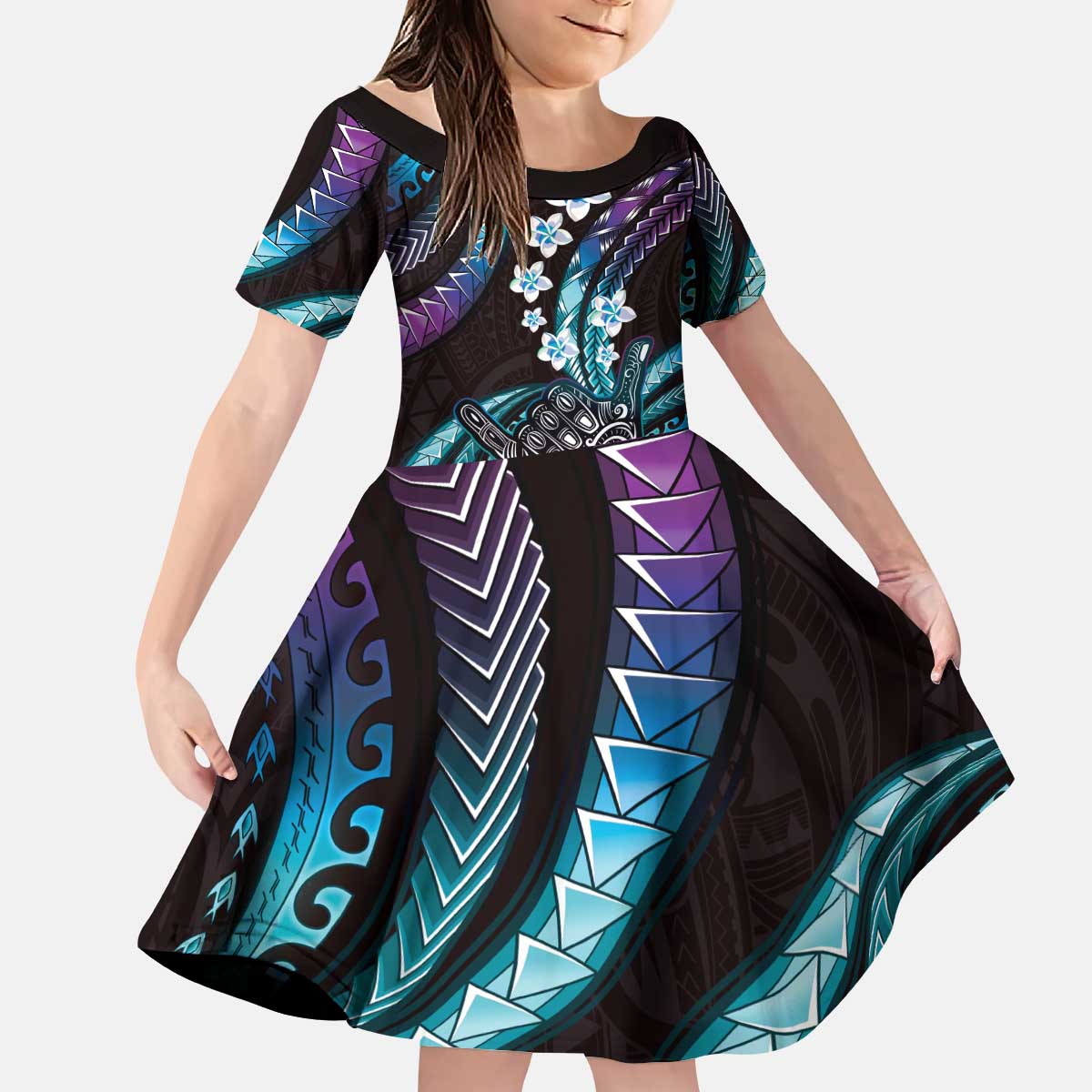 Hawaii Shaka Sign Kid Short Sleeve Dress Fantastic Frangipani Amethyst Gradient