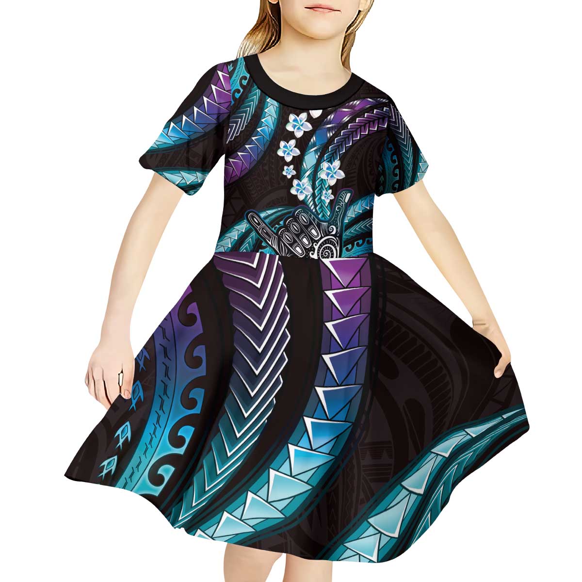 Hawaii Shaka Sign Kid Short Sleeve Dress Fantastic Frangipani Amethyst Gradient