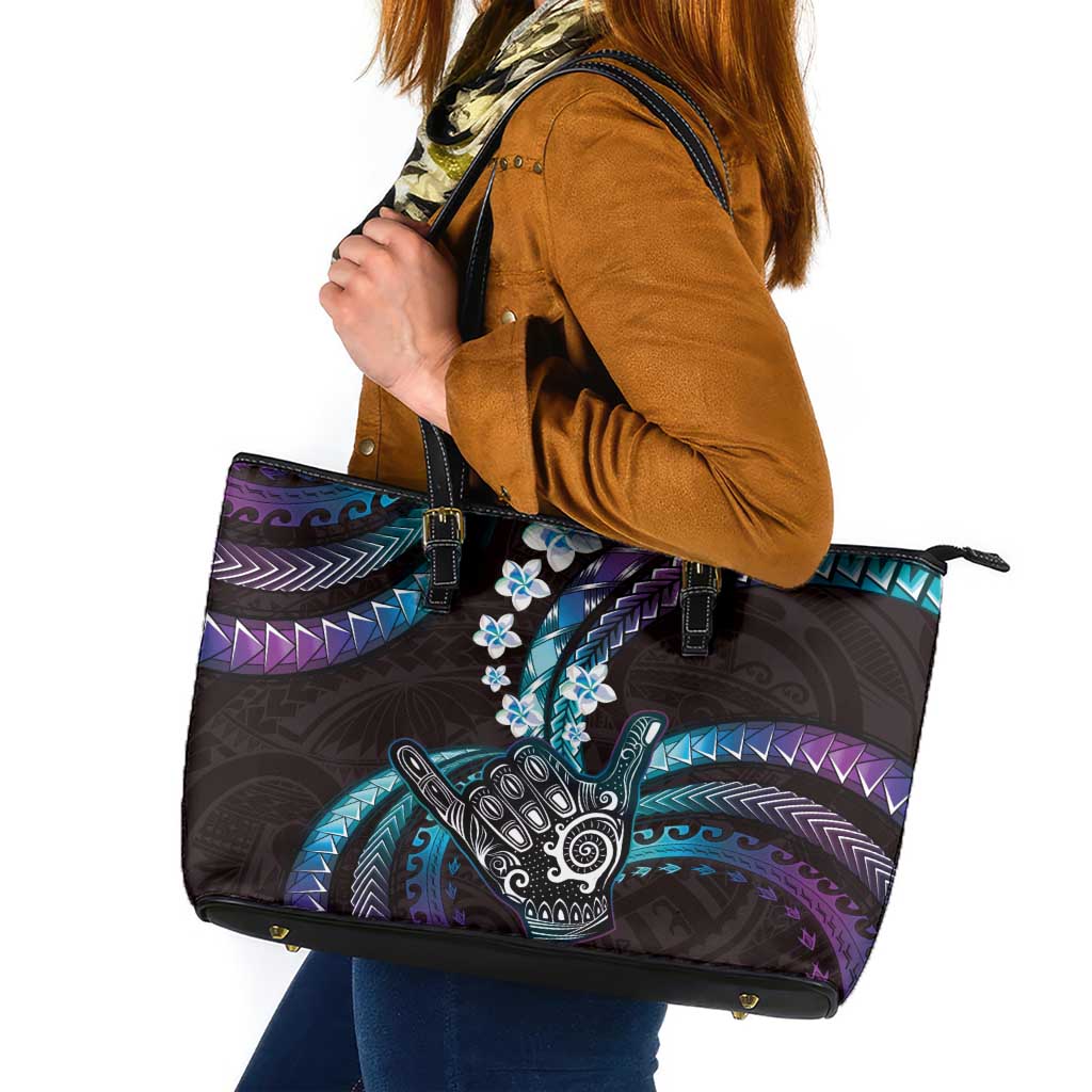 Hawaii Shaka Sign Leather Tote Bag Fantastic Frangipani Amethyst Gradient