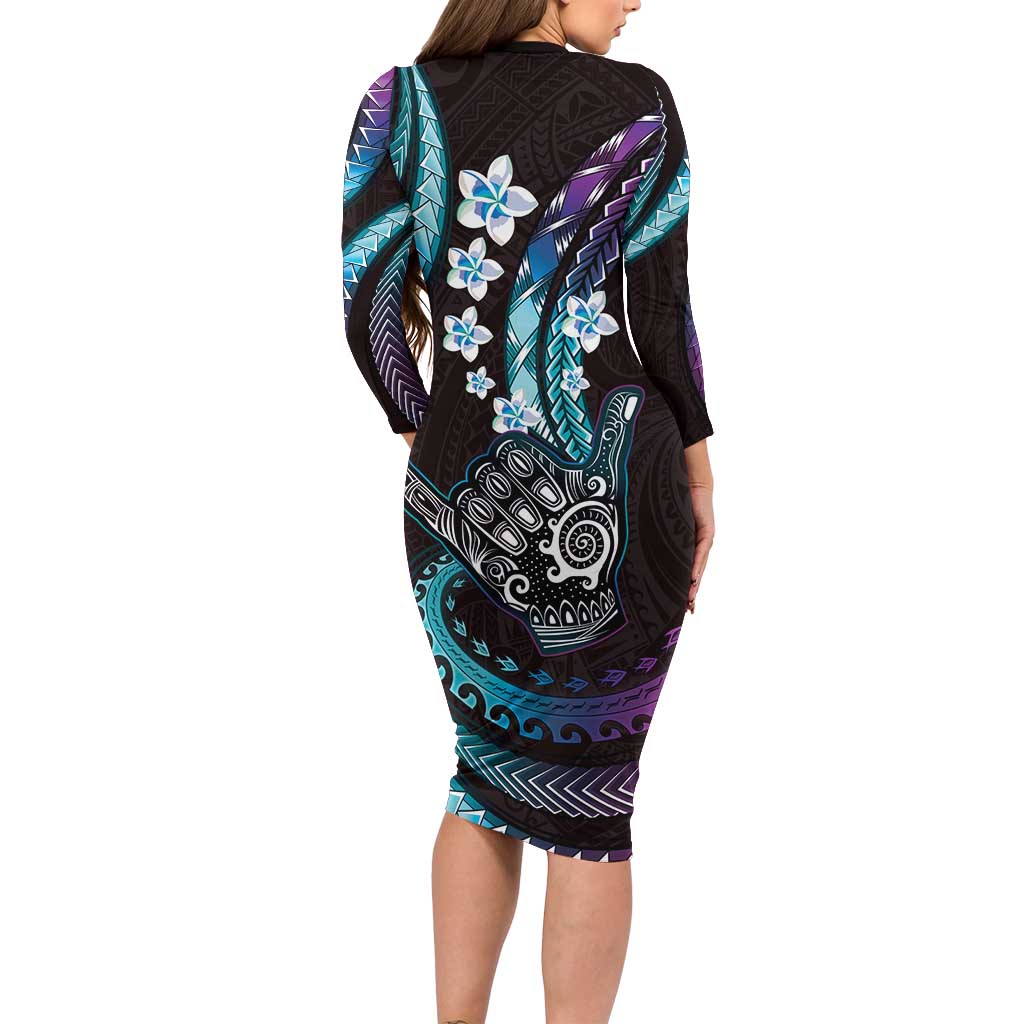 Hawaii Shaka Sign Long Sleeve Bodycon Dress Fantastic Frangipani Amethyst Gradient