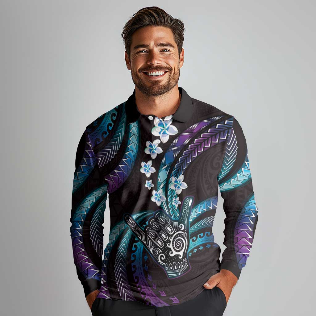 Hawaii Shaka Sign Long Sleeve Polo Shirt Fantastic Frangipani Amethyst Gradient