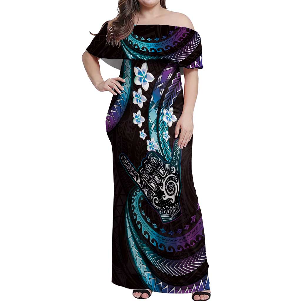 Hawaii Shaka Sign Off Shoulder Maxi Dress Fantastic Frangipani Amethyst Gradient