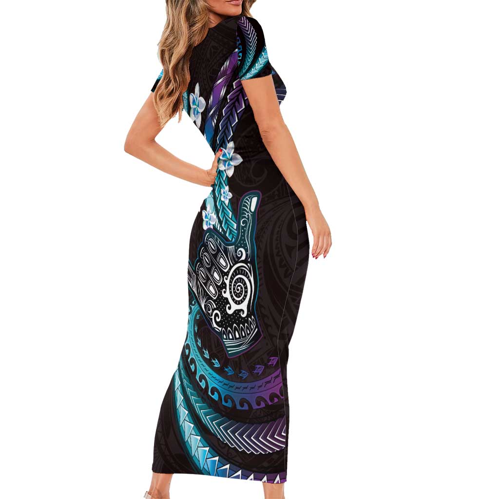 Hawaii Shaka Sign Short Sleeve Bodycon Dress Fantastic Frangipani Amethyst Gradient