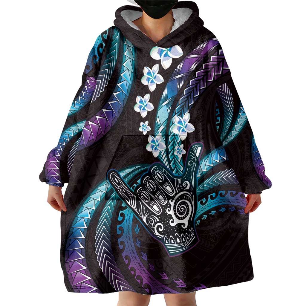 Hawaii Shaka Sign Wearable Blanket Hoodie Fantastic Frangipani Amethyst Gradient