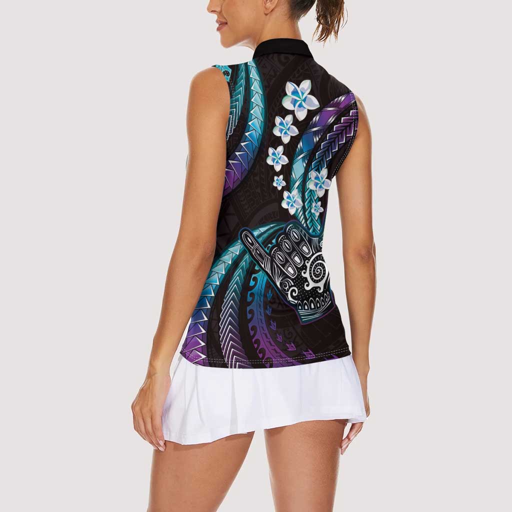 Hawaii Shaka Sign Women Sleeveless Polo Shirt Fantastic Frangipani Amethyst Gradient