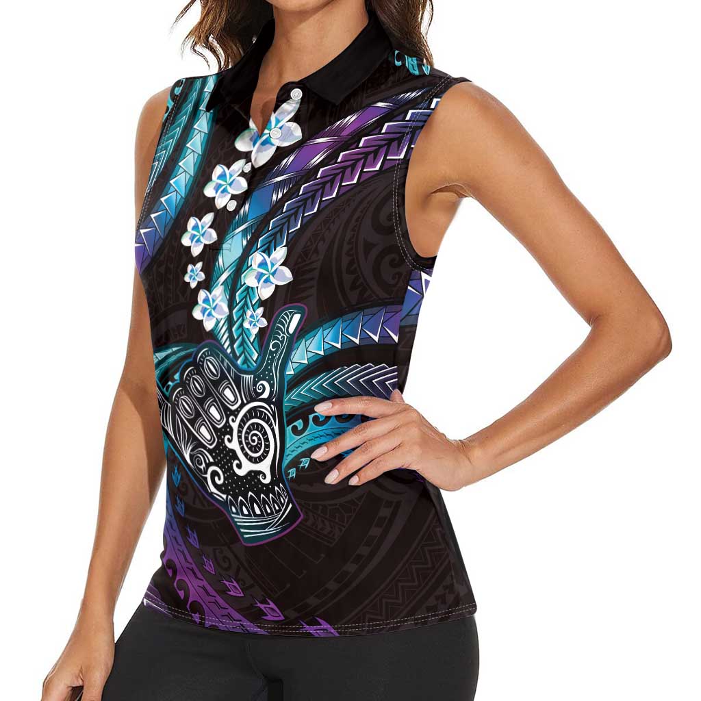 Hawaii Shaka Sign Women Sleeveless Polo Shirt Fantastic Frangipani Amethyst Gradient
