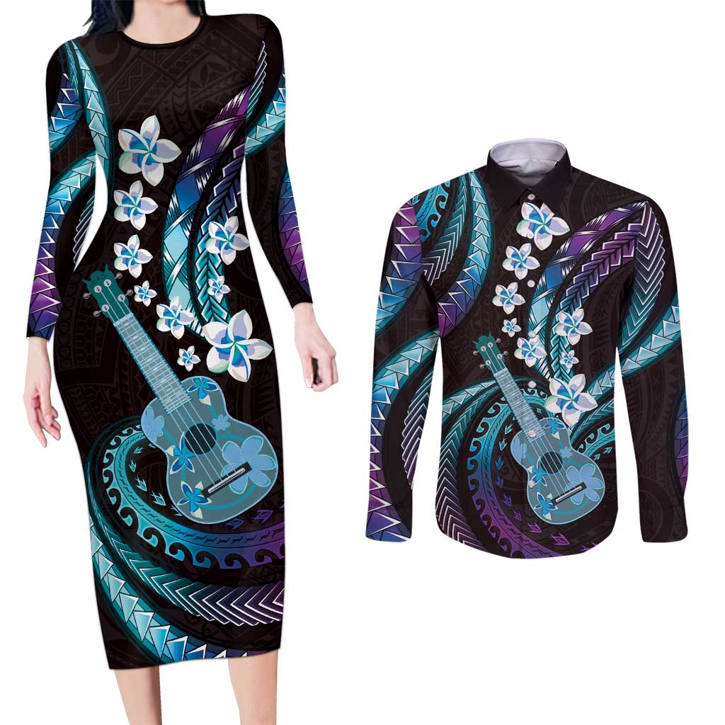 Hawaiian Ukulele Couples Matching Long Sleeve Bodycon Dress and Long Sleeve Button Shirt Amethyst Gradient Fantastic Plumeria