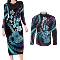 Hawaiian Ukulele Couples Matching Long Sleeve Bodycon Dress and Long Sleeve Button Shirt Amethyst Gradient Fantastic Plumeria