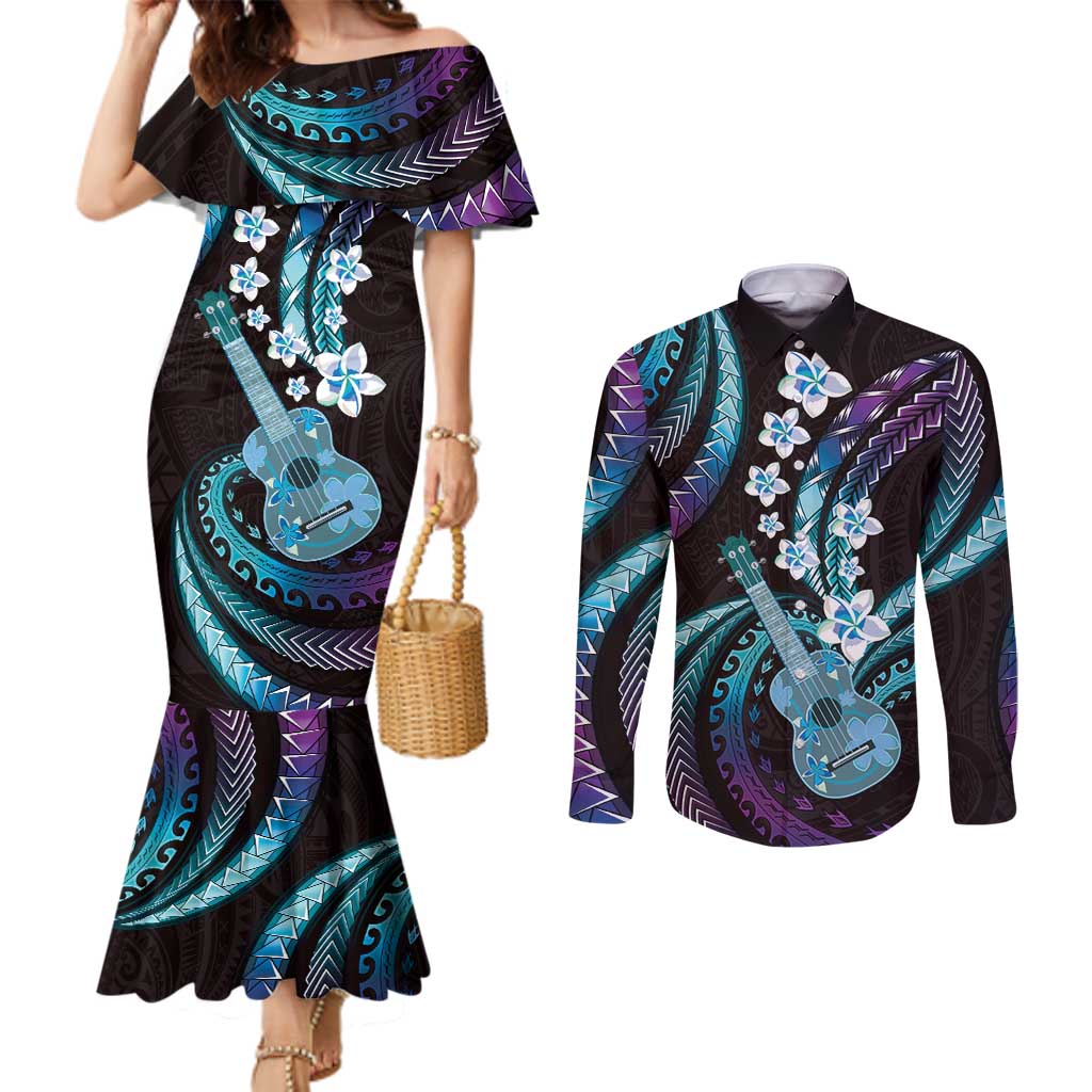 Hawaiian Ukulele Couples Matching Mermaid Dress and Long Sleeve Button Shirt Amethyst Gradient Fantastic Plumeria