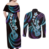 Hawaiian Ukulele Couples Matching Off Shoulder Maxi Dress and Long Sleeve Button Shirt Amethyst Gradient Fantastic Plumeria