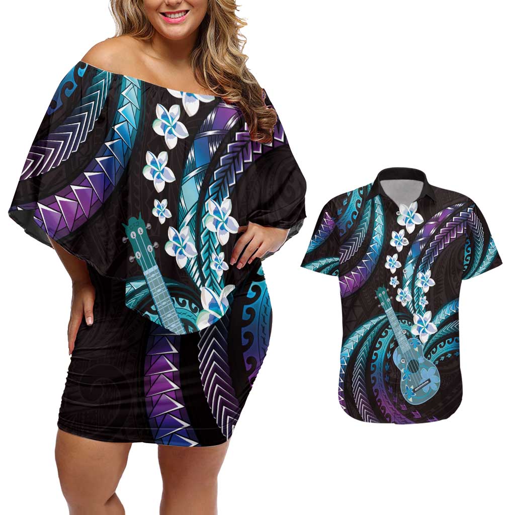 Hawaiian Ukulele Couples Matching Off Shoulder Short Dress and Hawaiian Shirt Amethyst Gradient Fantastic Plumeria