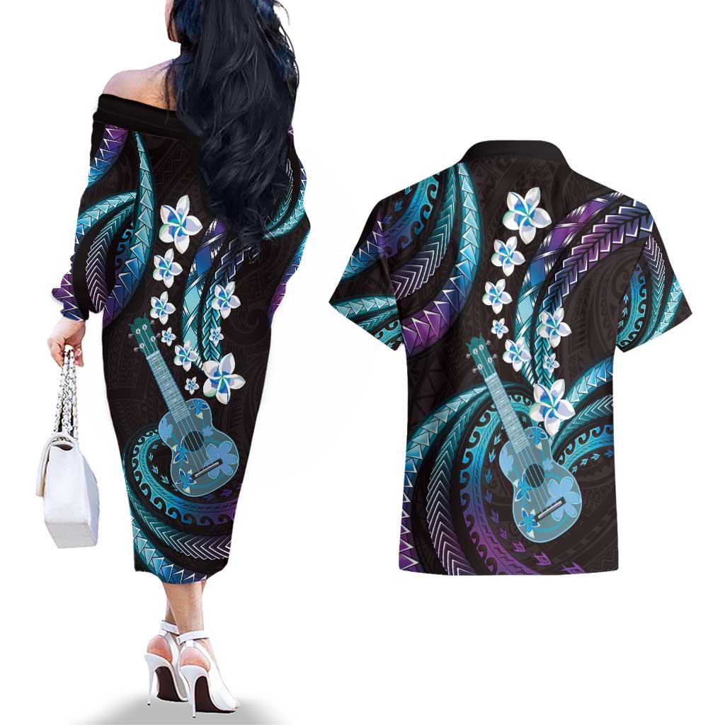 Hawaiian Ukulele Couples Matching Off The Shoulder Long Sleeve Dress and Hawaiian Shirt Amethyst Gradient Fantastic Plumeria
