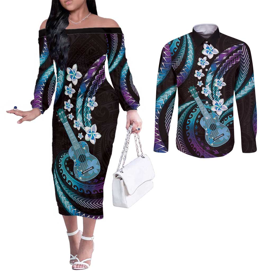 Hawaiian Ukulele Couples Matching Off The Shoulder Long Sleeve Dress and Long Sleeve Button Shirt Amethyst Gradient Fantastic Plumeria