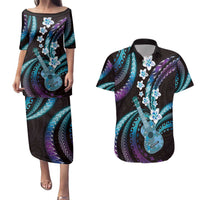 Hawaiian Ukulele Couples Matching Puletasi and Hawaiian Shirt Amethyst Gradient Fantastic Plumeria