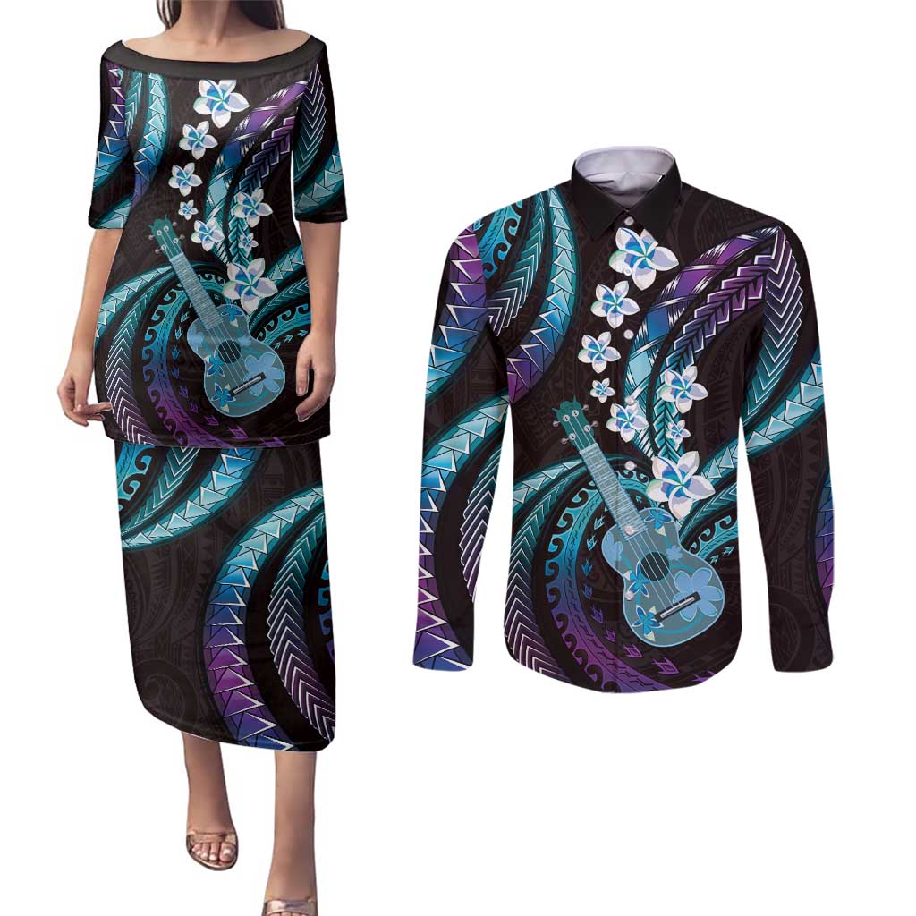 Hawaiian Ukulele Couples Matching Puletasi and Long Sleeve Button Shirt Amethyst Gradient Fantastic Plumeria LT01 Purple - Polynesian Pride