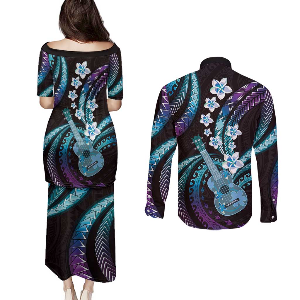 Hawaiian Ukulele Couples Matching Puletasi and Long Sleeve Button Shirt Amethyst Gradient Fantastic Plumeria LT01 - Polynesian Pride