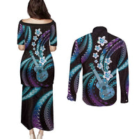 Hawaiian Ukulele Couples Matching Puletasi and Long Sleeve Button Shirt Amethyst Gradient Fantastic Plumeria LT01 - Polynesian Pride